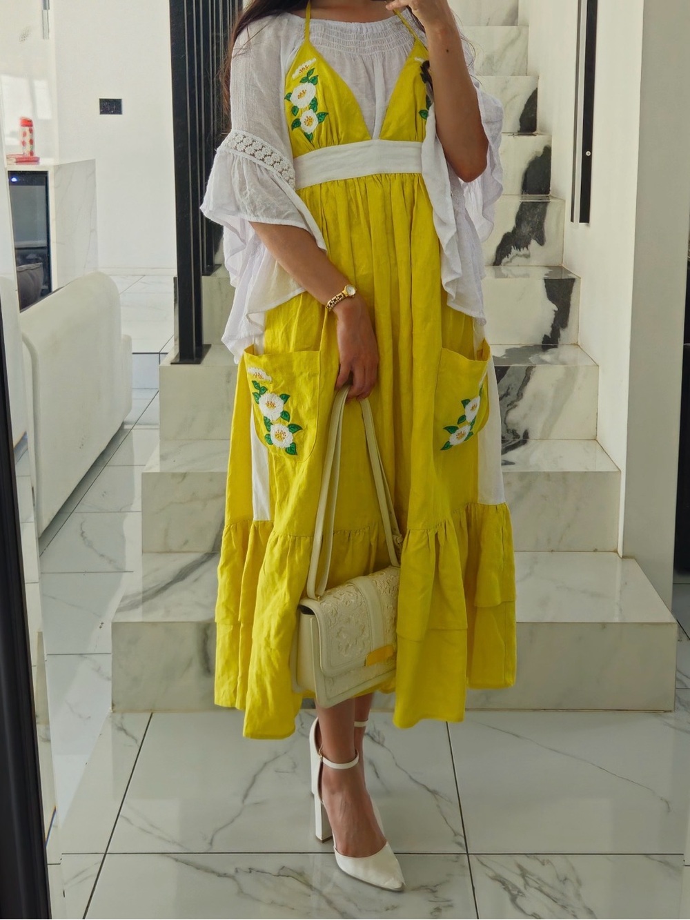 Fanm Mon Yellow Cotton Halter Midi Dress with White Embroidered Pockets